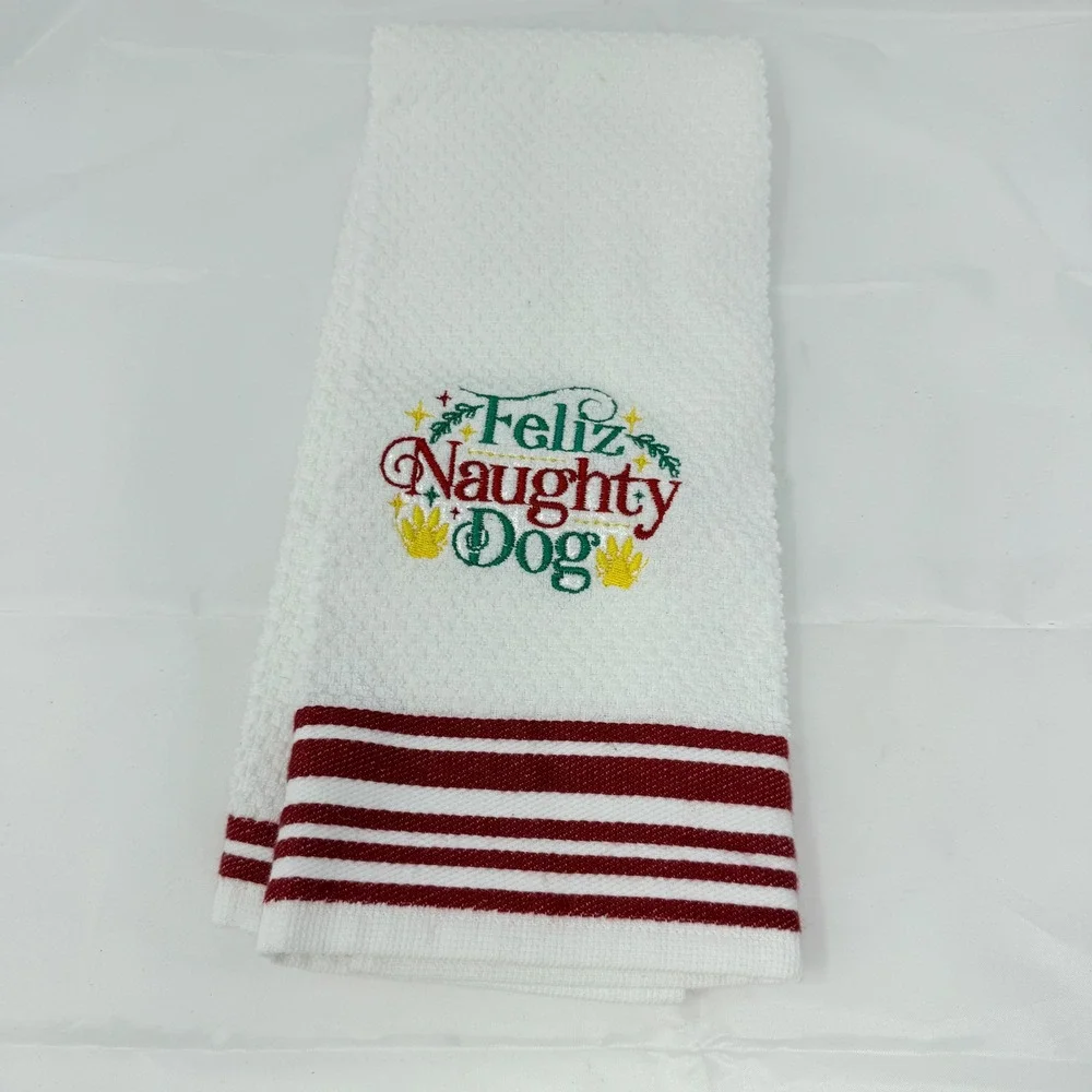 Mainstays White Hand Towel Feliz Naughty Dog Christmas Holiday Kitchen Bath‎